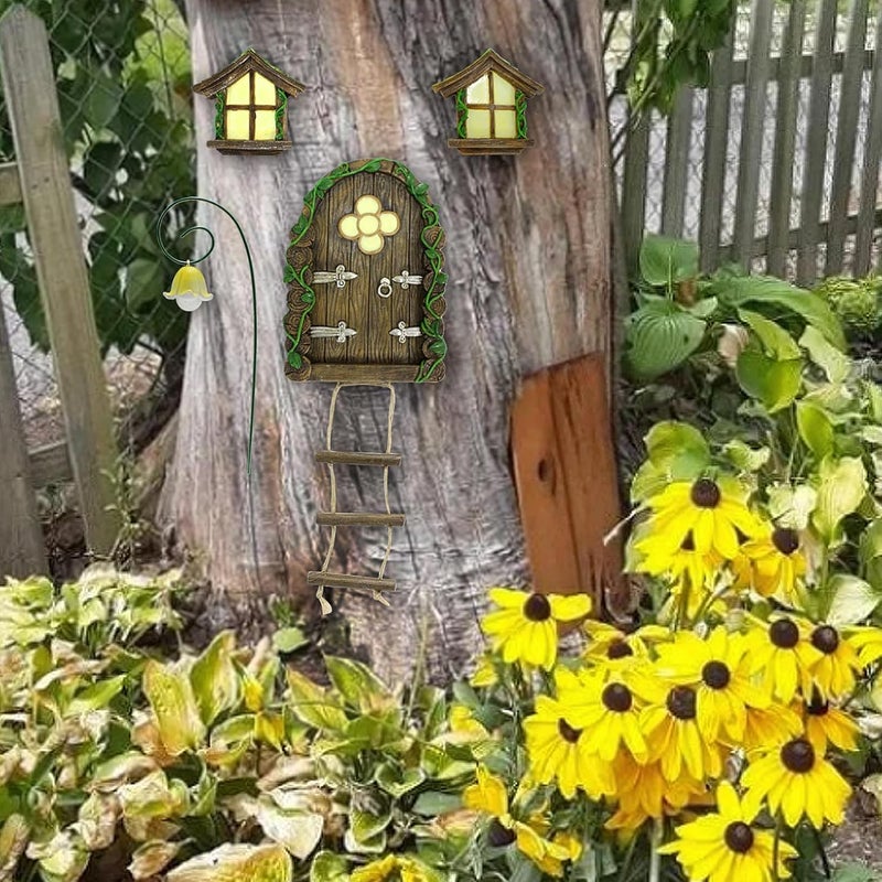 IMOFEE Fairy Door and Windows Garden Kit Accessories Outdoor, Glow in Dark Gnome House for Tree, Lawn Yard Art Sculpture, Miniature Garden Decor (Ladder) - Image 2